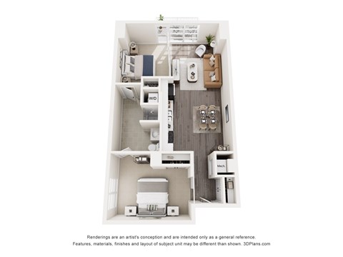 A 3D floor plan of a small apartment with a kitchen, living room, and bathroom.